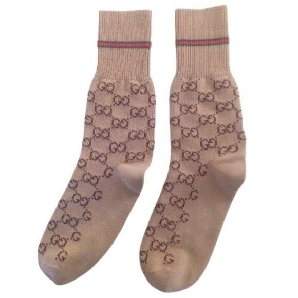 GUCCI | Web Stripe Camel Brown GG Logo Jacquard Knit Calf Socks Unisex Pre-Owned - Picture 3 of 12
